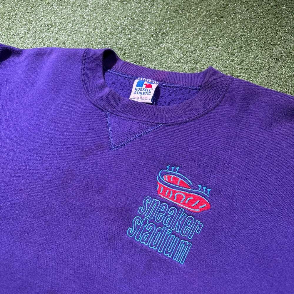 Vintage 90s Russell Athletic Sneaker Stadium Embroidered Crewneck Sweatshirt - Picture 2 of 7